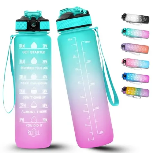 BierEx Trinkflasche 1L, Wasserflasche mit Strohhalm, Sport water bottle mit Zeitmarkierung für Fitness, Schule, Yoga, Outdoor (Türkis-Lila)