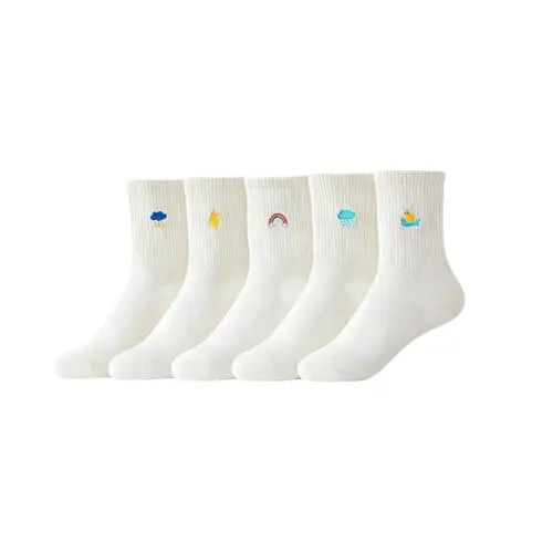 AKAMAS 5 Paar Damen Lustige Bestickte Weiße Tennissocken Baumwollsocken Trachtensocken Kuschelsocken Tier Regenbogen Stickerei Bestickte Sportsocken Geschenk A