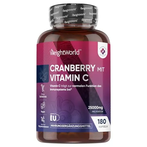 Cranberry Kapseln mit Vitamin C - entspricht ca. 25.000mg Cranberry Pulver (50:1) - 6 Monate Vorrat - 180 Stück & Vegan - 100mg Vit C - 1-2 Kapseln Täglich - Preiselbeeren - WeightWorld