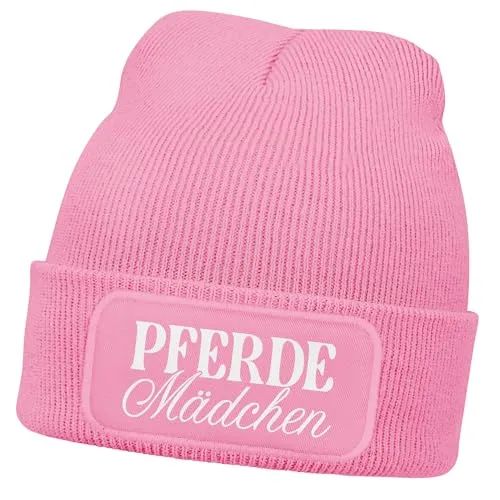 MoonWorks® Wintermütze Kinder Beanie für Mädchen mit Patch Pferdemädchen Aufdruck Reiten Print Strickmütze Rosa-Weiss Unisize