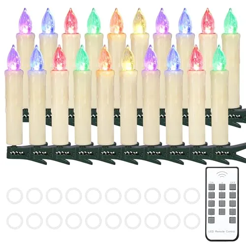 Cibnew Bunt Weihnachtskerzen Christbaumkerzen Kabellos Weihnachten LED Kerzen Lichterkette mit Fernbedienung,Timer-Funktion für Weihnachtsbaum Hochzeit, Geburtstags, Party (20er RGB)
