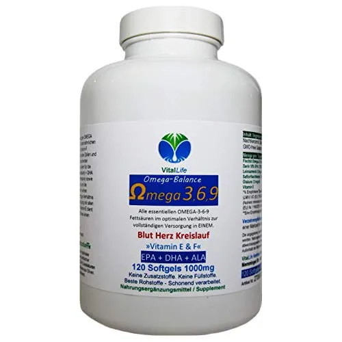 OMEGA 3 6 9 [EPA + DHA + ALA] 120 Kapseln 2000mg/Tag ESSENTIELLE Fettsäuren - BLUT - HERZ - KREISLAUF - GEHIRN - ZELLEN - CHOLESTERIN - Mit Antioxidans Vitamin E - OHNE ZUSATZSTOFFE. 27060-120