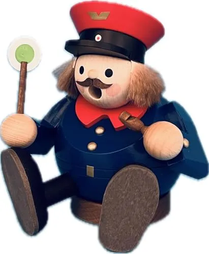 Richard Glaesser Räuchermännchen Eisenbahner sitzend, 14cm - Räuchermännchen aus dem Erzgebirge, handgefertigte Holzkunst, ideal für Liebhaber von traditionellem Kunsthandwerk und Eisenbahnfans.