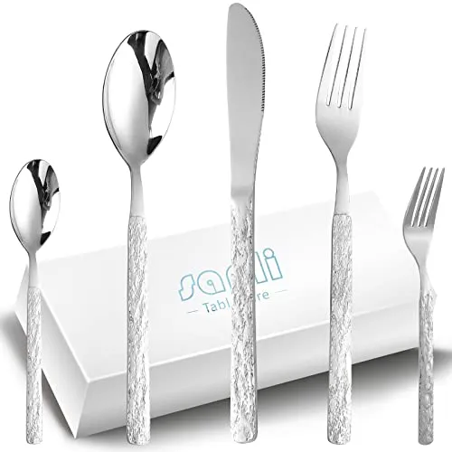 Besteck Set 12 Personen,SANLI 60 Teilig Modern Edelstahl Messer Gabel Löffel Steinmuster Griff,Spülmaschinenfest Rostfrei Besteckset.