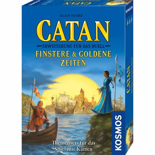 KOSMOS 680602 Catan - Erweiterung Finstere Goldene Zeiten, strategisches Kartenspiel für 2 Personen mit 6 Themensets und kostenloser Erklär-App