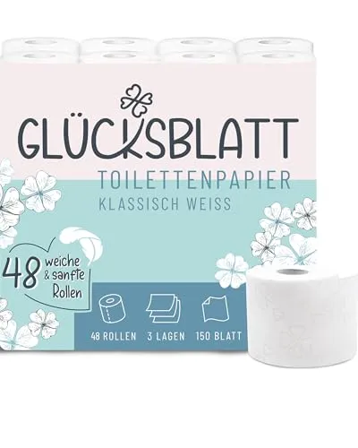 Glücksblatt Toilettenpapier KLASSISCH WEISS, 3-lagig, 48 Rollen x 150 Blatt, 100% Zellstoff, weiches Klopapier mit Glücks-Prägung, WC Papier, ideal für Camping, Verpackung aus mind. 30% PCR-Anteil
