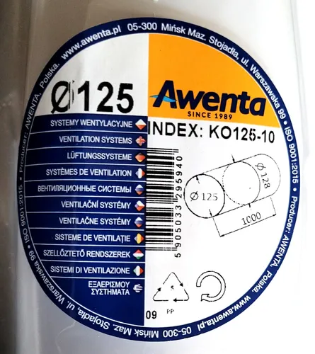 Lüftungsrohr Awenta KO125-10 Rundrohr Rundkanal Ø 125, 1,0 m Abluft-Rohr PVC