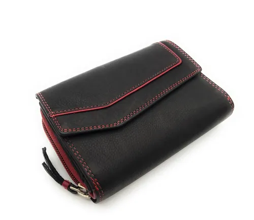 Jockey Club Damen Geldbörse mit RFID Schutz - Hochwertige Geldbörse aus echtem Leder in Schwarz-Rot, bietet sicheren RFID-Schutz für Ihre Karten und ist handgefertigt für langlebige Qualität.