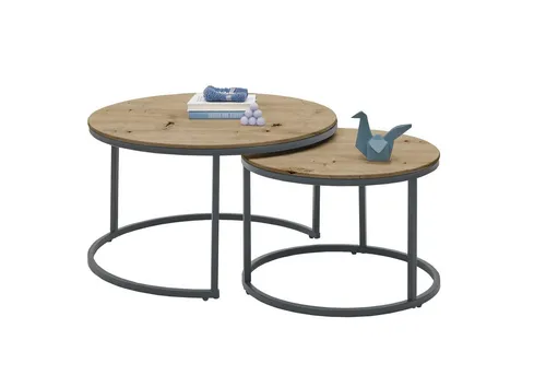 PREISBRECHER Satztisch Gino 2 (2er Set, Couchtisch 2er Set), (2er Set) in Eiche Dekor, schwarz, MDF, Metall - 45x80 (HxD)