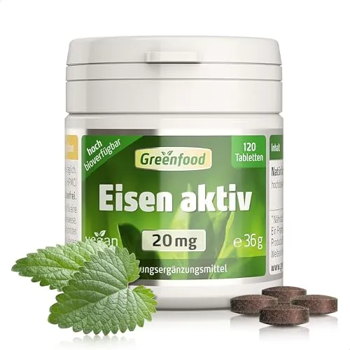 Eisen aktiv, hochdosiert, 20mg - 120 Tabletten, vegan. Eisenbisglycinat - gut verträglich - gegen Müdigkeit & Erschöpfung, Eisenmangel. OHNE künstliche Zusätze - laborgeprüft. Von Greenfood.