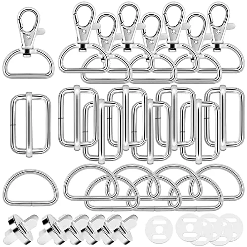 Drehbare Karabinerhaken 30Stk Schlüsselanhänger D-Ringe Triglide-Schiebeschnalle Magnetknöpfe Taschenverschluss Metall Halbrund Schnallen Hardware Dornschließe für Rucksack DIY Zubehör (Silber)