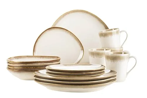 MÄSER Kombiservice LA SINFONIA 16-tlg. für 4 Personen - Hochwertiges Steinzeug-Geschirr-Set in Beige/Braun, spülmaschinengeeignet und ideal für stilvolle Mahlzeiten im Haushalt.