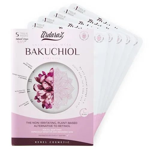 Ardaraz Anti Falten und Feuchtigkeits Gesichtsmasken beauty mit Bakuchiol, dem pflanzlichen Retinol. Tuchmasken gesicht im 5er-Pack Tiefenwirksame Feuchtigkeitspflege mit Sofortwirkung