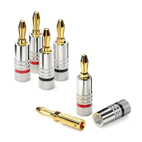 conecto Bananenstecker Professionell, für alle Lautsprecherkabel mit einem Durchmesser von max. 6mm², 4 Stück mit umlaufenden Farbring, rot/schwarz, 24k vergoldete Stecker, silber