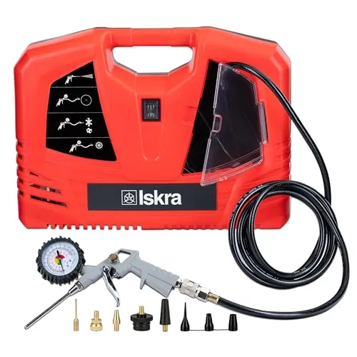 Iskra tragbarer Luftkompressor Auto, 180 l/min Druckluft Kompressor klein, Öl- und Wartungsfrei, 8 bar, 1100 Watt, mit Druckluftpistole und Aufsätzen