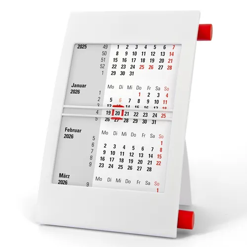 3-Monats-Tischkalender für 2026 & 2027 mit Drehmechanik - weiß/rot