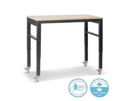STAHLWERK Höhenverstellbare Werkbank mit Rollen 120x60 cm - Werkbänke mit einer großzügigen Arbeitsfläche und einer Tragfähigkeit von bis zu 365 kg. Höhenverstellbar von 92 bis 104 cm und mobil durch feststellbare Lenkrollen.