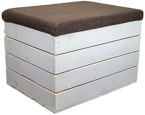 Kistenkolli Altes Land Sitztruhe mit Stauraum Maße 34x35x48 Sitzhocker Obstkiste Holzkiste faltbar Sitztruhe belastbar bis 150kg Deckel klappbare Sitztruhe Aufbewahrungsbox (Weiß)