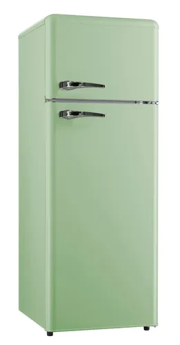 SCHOEPF Retro Kühl- Gefrierkombination RKG218SG, Energieeffizienz E - Freistehende Kühl-Gefrier-Kombination mit stilvollem Retro-Design, LED-Innenbeleuchtung und nur 39 dB – ideal für Ihre Küche.