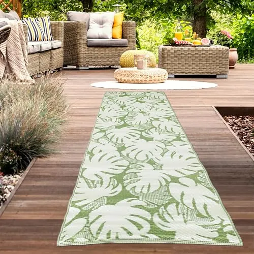 CARPETIA Outdoor Teppich modern wetterfest leicht wendbar Kunststoff-Teppich Camping Balkon Garten Terrasse Palmenblätter grün/weiß Läufer 90 x 300 cm