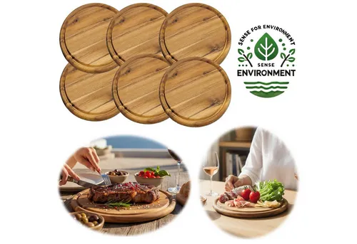 LS-LebenStil Servierbrett Set 6x Akazie 25cm - Hochwertiges Set aus 6 runden Servierbrettern aus Akazienholz, ideal für Käse, Antipasti oder als Steakteller. Mit praktischer Saftrille und robuster Verarbeitung – perfekt für jede Küche!