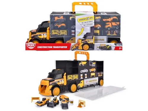 Dickie Toys – Construction Transporter 43 cm, Spielzeug Autotransporter für Kinder ab 3 Jahren, Transport Truck mit Rampe durch Führerhaus, Platz für 28 Fahrzeuge, inkl. 4 Baufahrzeuge und Zubehör