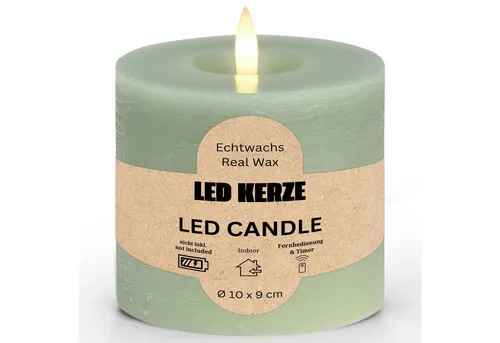 matches21 HOME & HOBBY LED-Kerze LED Stumpenkerze Wachs, Flackernde Flamme, Ø 10x9 cm, Salbei (1-tlg), Praktisch mit Fernbedienung & Timerfunktion
