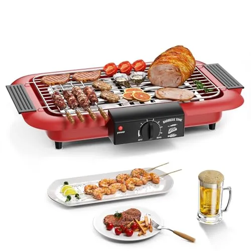Elektrogrill, Grill für den Innen- und Außenbereich, antihaftbeschichtet, rauchfrei, Doppelrohr, 2000 W, tragbar, hohe Leistung, abnehmbar, für Grill (Rot)