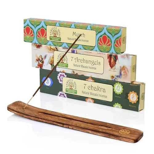 NKlaus Räucherstäbchen Set – 7 Chakra, 7 Archangels & Myrrh (Namaste India) + Holzhalter | Spirituelles Natur Räucherwerk für Meditation & Balance