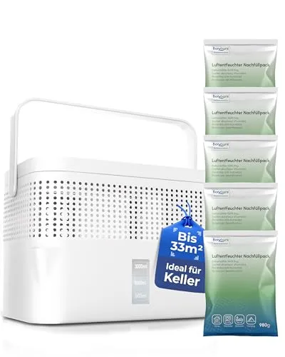 BonAura® AirOne Max Luftentfeuchter ohne Strom für 33m² - Effektiver Raumentfeuchter mit 360° Belüftung für umweltfreundliche Nutzung. Ideal gegen Feuchtigkeit in Keller, Garage und Co. Inklusive Ausgießer und Füllstandsanzeige für einfaches Handling.