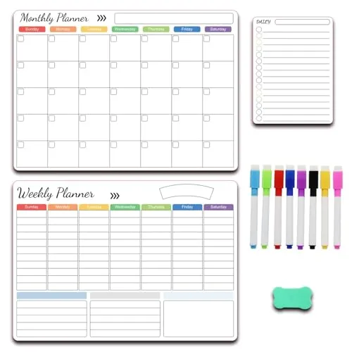 Magnettafel Kühlschrank, Whiteboard Magnetisch Wochenplaner+Monatsplaner, Familienplaner mit 1 Radierer und 8 Markern für Kühlschrank, Perfect als Haushaltsplaner und Aufgabenplaner