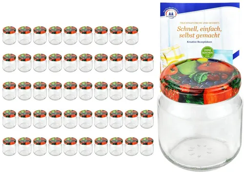 MamboCat 50er Set Rundgläser 212 ml mit Obst-Dekor und Rezeptheft - Einmachgläser-Set: 50 Gläser 212 ml mit Twist-Off-Deckeln im Obst-Motiv und Rezeptheft für kreative Einkochprojekte. Ideal zum Einkochen, Konservieren und Backen im Glas.