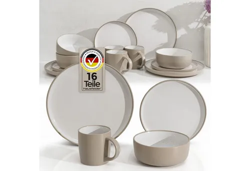 Hausfelder Geschirr-Set Steingut Geschirrset, 16teilig, Teller, Schalen & Becher (16-tlg), 4 Personen, Steinzeug, spülmaschinen- & mikrowellengeeignet, Reaktivglasur