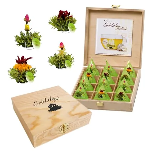 Creano Teelini Teeblumen Geschenkset - Tee-Geschenkideen mit 12 ErblühTeelini in 4 Sorten, präsentiert in einer eleganten Holzbox – ein ideales Geschenk für Teeliebhaber, das ein faszinierendes Geschmackserlebnis bietet.