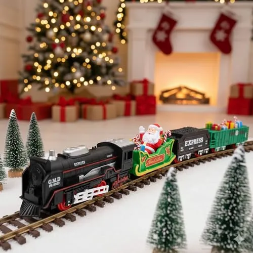 Elektrische Eisenbahn m. Weihnachtsmann-Waggon für Kinder, Lokomotive mit Zügen u. Gleisen, robustes Spielzeug-Modell für Kinder in jungen Jahren u. Erwachsene, Modellbau-Set ist geeignet für Anfänger