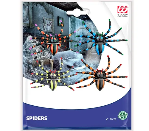 HALLOWEEN KARNEVAL FASCHING DEKO SET VON 4 BUNTEN SPINNEN 8 CM NEU