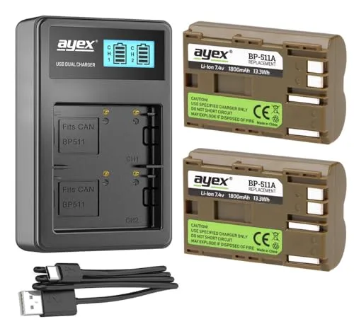 ayex Power-Paket mit 2X BP-511a Akku & USB Dual-Ladegerät für Canon - Kamerakku- & Ladegerätsets mit 2 BP-511A Akkus und USB Dual-Ladegerät. Hohe Kapazität von 1800 mAh und Schutzfunktionen für längere Fotosessions.