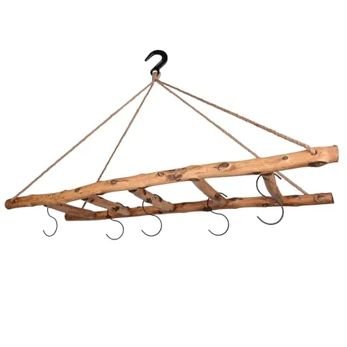 UNUS Dekoleiter aus Holz mit Haken – 120 cm Old Look - Vielseitige Dekoleiter aus robustem Eschenholz, ideal für Pflanzen, Lichterketten und Küchenutensilien. Inkl. 5 Haken und Gusseisen-Deckenhaken für sichere Aufhängung. Perfekt für jeden Raum!