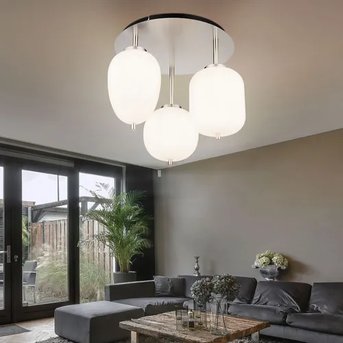 Deckenlampe 3 Flammig, Nickel Matt & Opal Glas - Moderne Deckenleuchte mit 3 E14 Fassungen und warmweißem Licht. Ideal für Wohnzimmer oder Schlafzimmer, sorgt für ein stilvolles Ambiente und angenehme Beleuchtung.