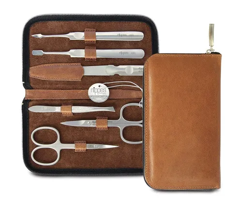 nippes Solingen Maniküre-Etui Whiskey 6 tlg. - Nageletui mit hochwertigem Rindleder-Etui und 6 präzisen Edelstahl-Instrumenten für professionelle Nagelpflege, ideal für Zuhause und unterwegs.