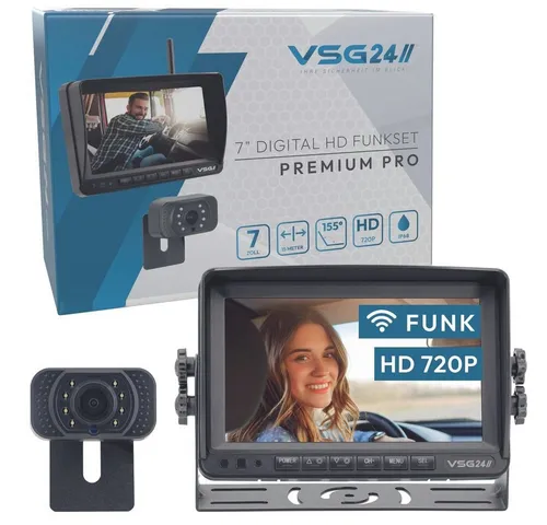 VSG24 7“ Funk Rückfahrsystem Premium PRO HD - Rückfahrkamera Set für Wohnmobile & PKW, kabellos mit 15m Reichweite, bietet eine stabile Bildübertragung für sicheres Rangieren und einfache Montage.