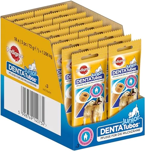 Pedigree Junior DentaTubos Hundesnack für Welpen, 54 Stück - Köstliche DentaTubos für Welpen, speziell für die Milchzähne entwickelt. Reich an Kalzium zur Unterstützung des gesunden Wachstums und der Zahnpflege.