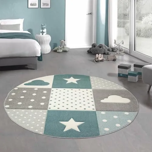 CARPETIA Kinderteppich Spielteppich Junge Stern Wolke - Teppiche fürs Kinderzimmer, farbenfroher und weicher Spielteppich in Rundform, ideal für eine gemütliche Spielecke und allergikerfreundlich.