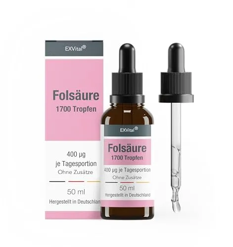 Folsäure Tropfen 400 µg - 50ml Flasche für Schwangerschaft & Immunsystem - Vitamin B9 (Folsäure) in geschmacksneutralen Tropfen für optimale Bioverfügbarkeit. Ideal für Babyplanung und Schwangerschaft, 100% vegan und ohne Zusätze.