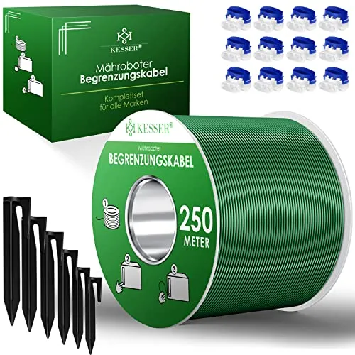 KESSER® Begrenzungskabel Set 250m mit 800 Erdspießen - Mähroboterzubehör für einfache Installation und robustes Material, geeignet für alle gängigen Marken wie Gardena und Bosch – ideal für kleine bis große Gärten.