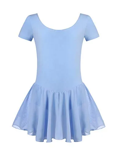 Untlet Ballettkleid Mädchen Kinder Kurarm Ballettanzug Ballett Trikot Kurzarm Body mit Chiffon Wickelrock Kinder Ballettkleidung Tanzkleid Tanzbody,Blau,160