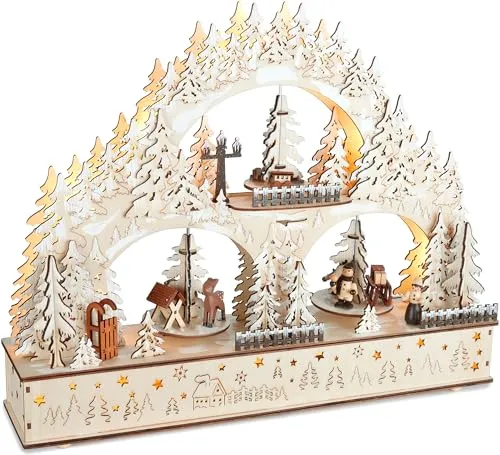 BRUBAKER 3D Lichterbogen - LED Schwibbogen für Weihnachtsdeko - Weihnachtlicher Zierschmuck mit handbemalten Figuren in einer zauberhaften Winterlandschaft, inklusive flexibler LED-Beleuchtung für eine warme Atmosphäre.