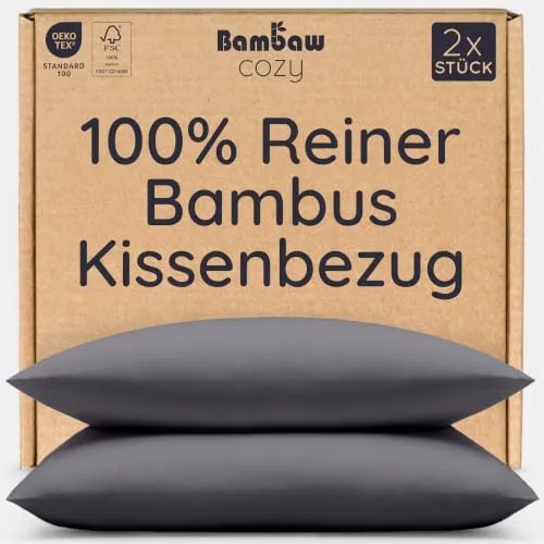 Bambaw Bambus Kissenbezüge 50x70 cm, 2-er Pack, Allergiker-Bettwäsche, antibakterielle und hypoallergene Bettwäsche, Anti Akne und kühlende Kissenbezug (Anthrazit)