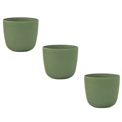 Engelland - 3 x Blumentopf mit Drainagesystem, Moos-Grün, Rillenoptik, Pflanz-Topf, Kübel, modern, widerstandsfähig, rund, wetterfest, Kunststoff, Ø 18 cm, 3 Liter
