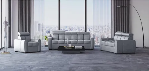 Silberne Polstergarnitur 3+2+1 Gomez mit Schlaffunktion und verstellbaren Kopfstützen